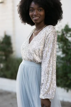 Jessa Surplice Sequin Bodysuit