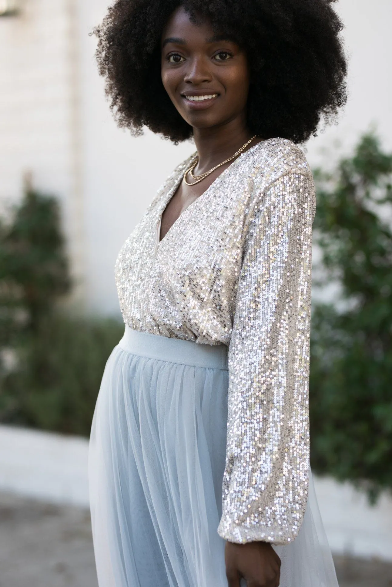 Jessa Surplice Sequin Bodysuit