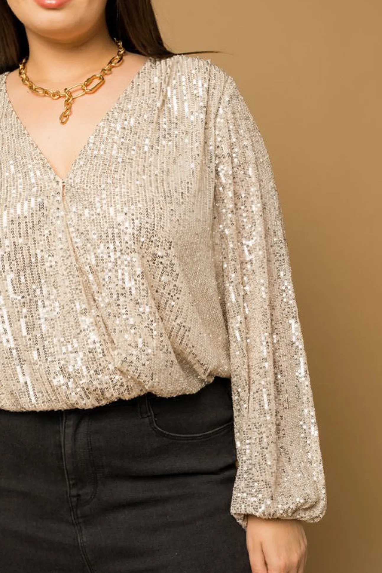 Jessa Surplice Sequin Bodysuit